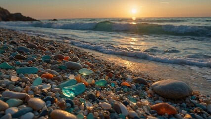 Colorful sea glass and pebbles scattered on a sandy beach during sunset, waves gently lapping