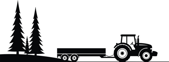 Black silhouette tractor pulling trailer through forest rural landscape farming transport agriculture vector illustration for adobe stock countryside concept © MstSalina