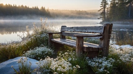 Naklejka premium Serene wooden bench surrounded by wildflowers by a misty lake at sunrise, evoking tranquility