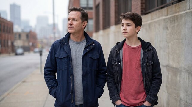 Father and teenage son standing side by side with thoughtful mood in city - Powered by Adobe