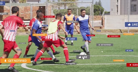 Animation of social media icons over diverse male soccer players playing soccer on sports field - Powered by Adobe