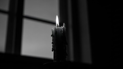 Candle flame burns beside window, wax dripping down. Black and white dramatic scene
