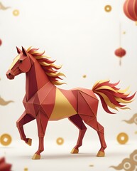 3D Origami Fire Horse Chinese Zodiac in Red and Gold for Lunar New Year