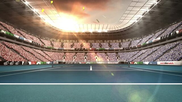 Animation of golden confetti falling against view of tennis court