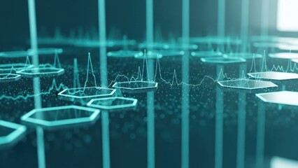 Abstract tech Hexagonal grid overlays data lines, luminous teal and blur