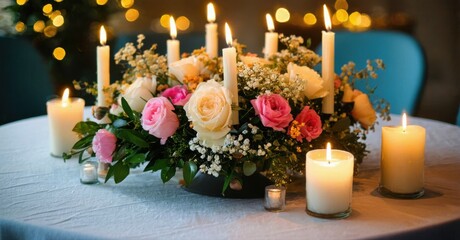 Obraz premium Floral centerpiece with lit candles. Soft lighting creates romantic atmosphere. Table setting suggests celebration or event. Beautiful roses, greenery present.