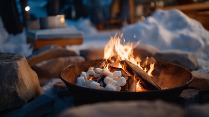 An outdoor fire pit surrounded by snow, creating a warm gathering spot for friends during a winter holiday on snow, where laughter and toasted marshmallows fill the chilly air. cinematic color
