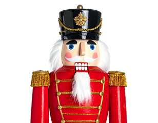 A classic, wooden nutcracker soldier with a red coat and black hat, on black background