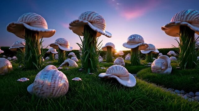 Whimsical fantasy landscape features bizarre seashell-capped mushrooms growing vibrantly in lush green grass at twilight.