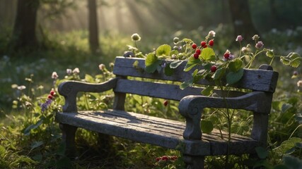 Serene wooden bench adorned with wildflowers in a sunlit forest, evoking tranquility and nature's beauty