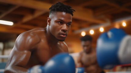 A group of boxers in a boxing gym participating in a competitive sparring match, showcasing the physical intensity and strategy involved in the art of boxing and the pursuit of excellence.