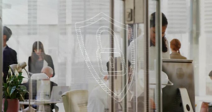 Animation of dots forming padlock in shield over diverse coworkers discussing and working in office