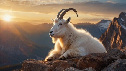 Majestic mountain goat resting on rocky ledge at sunset, surrounded by stunning mountain landscape