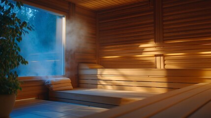 An inviting sauna cabin with steam rising, highlighting the therapeutic properties of heated air that promotes relaxation and detoxification within a cozy, natural wood environment. cinematic color