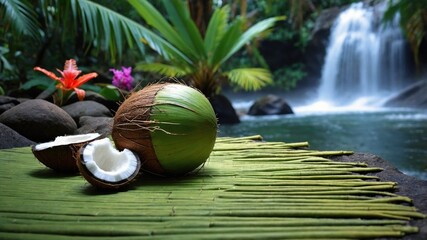 Fresh coconuts on a green leaf by a serene waterfall surrounded by lush tropical plants