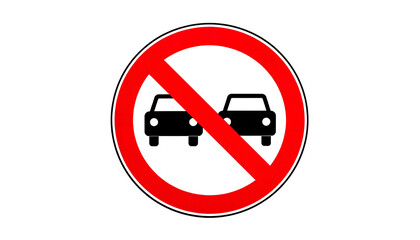 A circular red-bordered traffic sign on a black background, with two car silhouettes crossed out