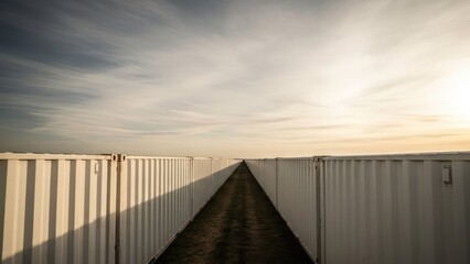 Endless row of white storage containers receding to vanishing point