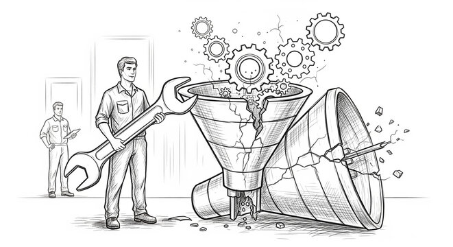 Engineer with a large wrench next to a broken sales funnel with falling gears, symbolizing the process of repairing and optimizing an inefficient business system.