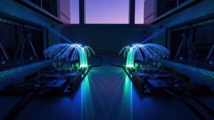Fiber optic cables emitting light in a science lab, reflective surface
