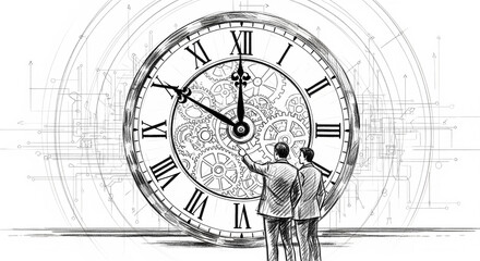 Two businessmen contemplate a large clock with intricate gears and technological schematics, symbolizing time management, future planning, and complex business strategies.