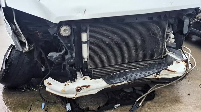 Front-end collision damage on van: smashed headlight, bumper, grille, and hood after road accident