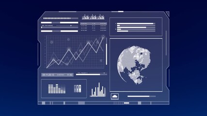 Animation of digital data processing and statistics over blue background - Powered by Adobe