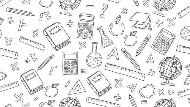 Seamless Pattern of Hand-Drawn School Supplies and Educational Icons