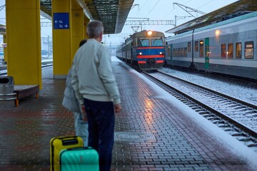 A father and son stand on a wet, snow-dusted platform with their luggage, watching an approaching train. The station's yellow pillars and the train's warm lights create