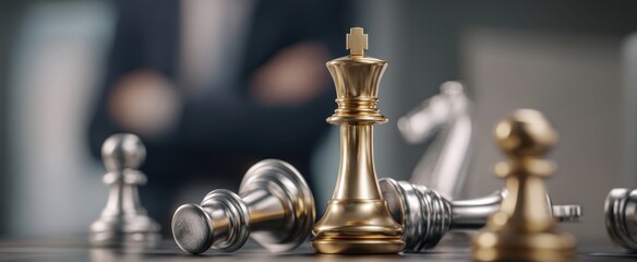 The golden king chess piece standing triumphant among fallen silver pieces with strategist