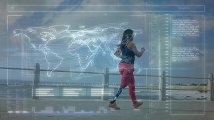 Woman with prosthetic leg jogging by ocean, digital world map overlay animation - Powered by Adobe
