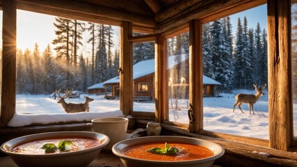Fototapeta premium Cozy cabin in winter with steaming soup bowls in foreground and deer grazing outside