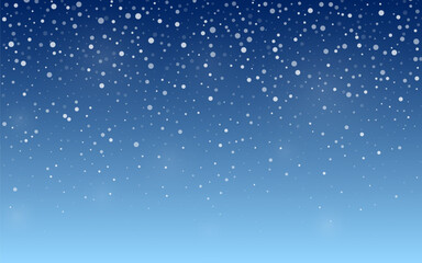Falling snow on a blue gradient background of the night sky. Winter scene for a Christmas card, holiday banner, seasonal social media post, festive presentation, and winter holiday template. Vector