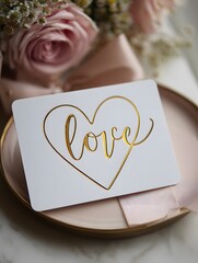 White card with gold lettering "love" near pink flowers
