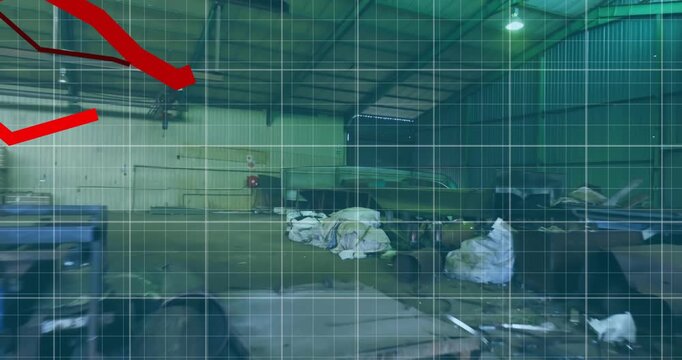 Grid pattern animation over industrial workshop with various equipment and materials