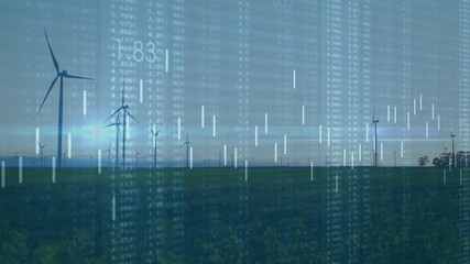 Wind turbines generating data overlays across green field at dusk, displaying candlestick charts - Powered by Adobe