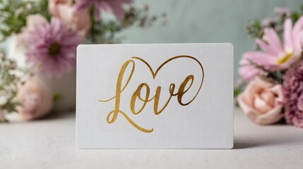 A white card with a gold inscription "love" lies on a table near pink flowers
