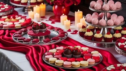 Gourmet Valentine's dessert buffet with red silk – Perfect for upscale catering, wedding event planning, or luxury party photography.