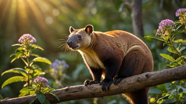 A tree kangaroo perched on a branch amidst vibrant flowers and dappled sunlight in a lush forest