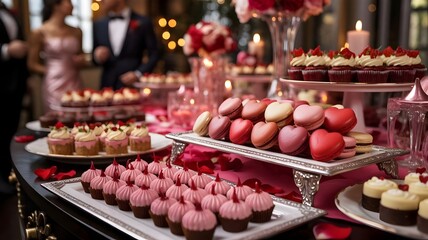 Valentine's Day gourmet buffet at upscale event &ndash; Great for hospitality marketing, gala event coverage, or high-end food service.