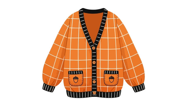 Cozy Orange Plaid Cardigan with Acorn Pocket Details and Striped Trim