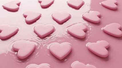 Pink heart shapes float in rippling pink liquid, soft focus, gentle light