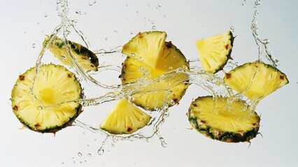 Pineapple slices suspended in air with splashing water, vibrant and fresh