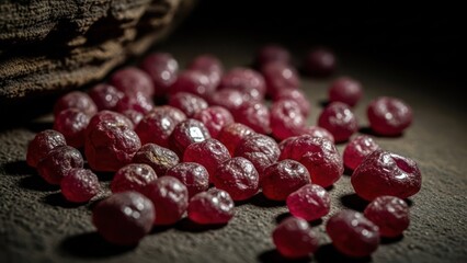 Pile of rough, red, uncooked berry-like fruit on a dark wooden surface