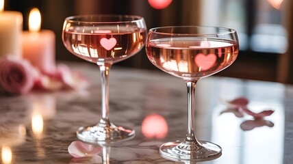 Luxury champagne coupes with blush cocktails &ndash; Great for cocktail recipe books, premium beverage marketing, or romantic social events.