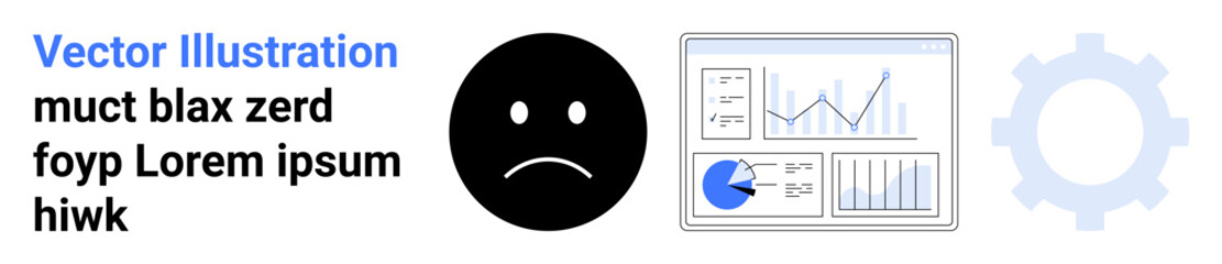 Fototapeta premium Sad face icon, analytics dashboard, and gear highlight difficulty in data interpretation, performance issues, productivity challenges. Ideal for troubleshooting, business reports, workflow strategy