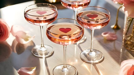 Elegant rose-colored drinks with gold-rimmed glasses &ndash; Suitable for fine dining advertisements, Valentine's gala themes, or luxury lifestyle.