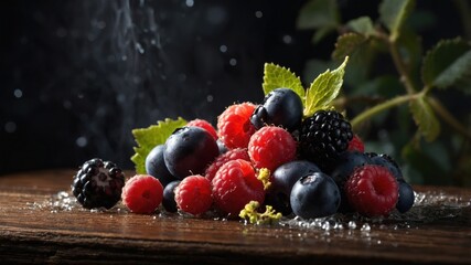 assortment of fresh berries including raspberries, blueberries, and blackberries on a wooden surface
