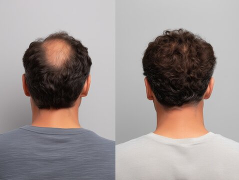 Man suffering from hair loss showing the before and after comparison of hair regrowth following a successful hair restoration treatment for male pattern baldness, regaining confidence