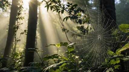 Spider web glistening in sunlight amidst a serene forest, showcasing nature's beauty and tranquility