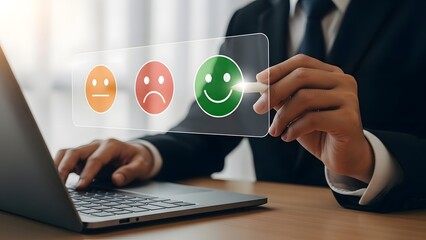 Businessman interacting with advanced technology interface for feedback analysis